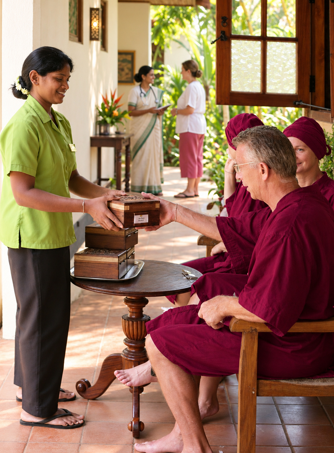 Eine Ayurveda-Therapeutin verteilt die Ayurveda-Medizin an die Gäste des Lanka Ayurveda Garden auf Sri Lanka.